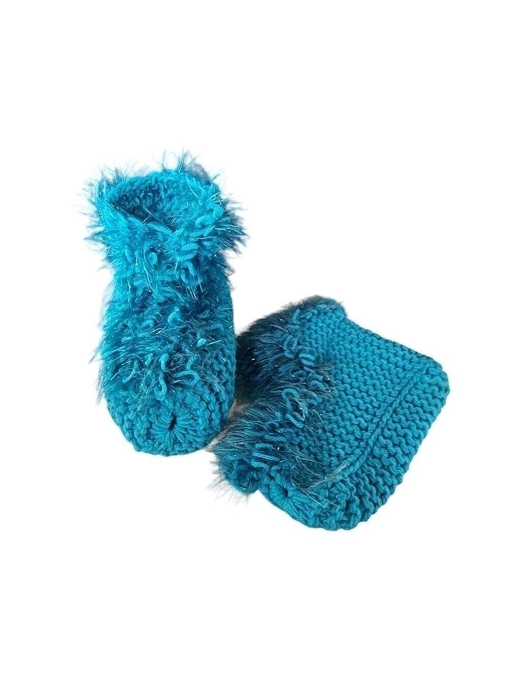 Hand Knit crocheted blue fringe booties grannycore M/L